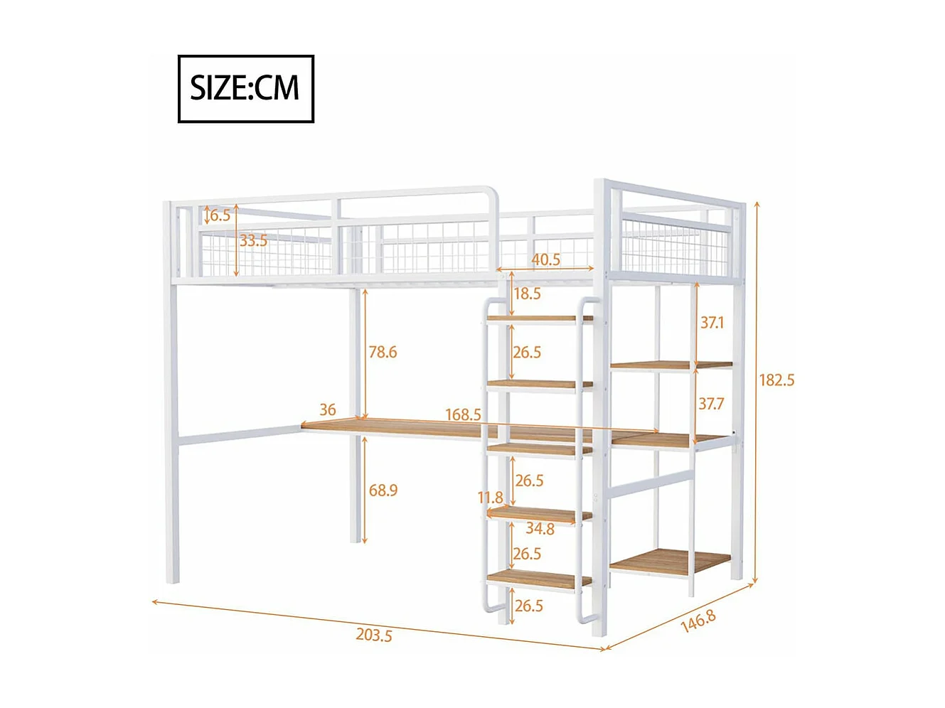 Cama alta metálica 140*200 cm, escada de segurança com degraus, cama de criança com mesa e prateleiras, grade de segurança metálica, branco