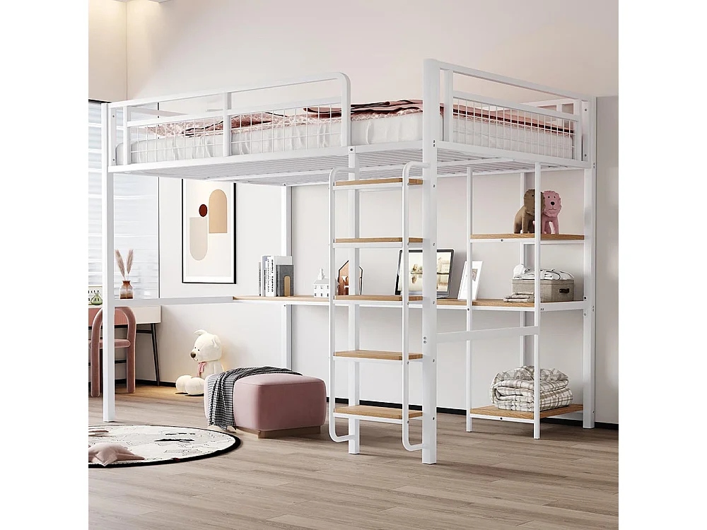 Cama alta metálica 140*200 cm, escada de segurança com degraus, cama de criança com mesa e prateleiras, grade de segurança metálica, branco