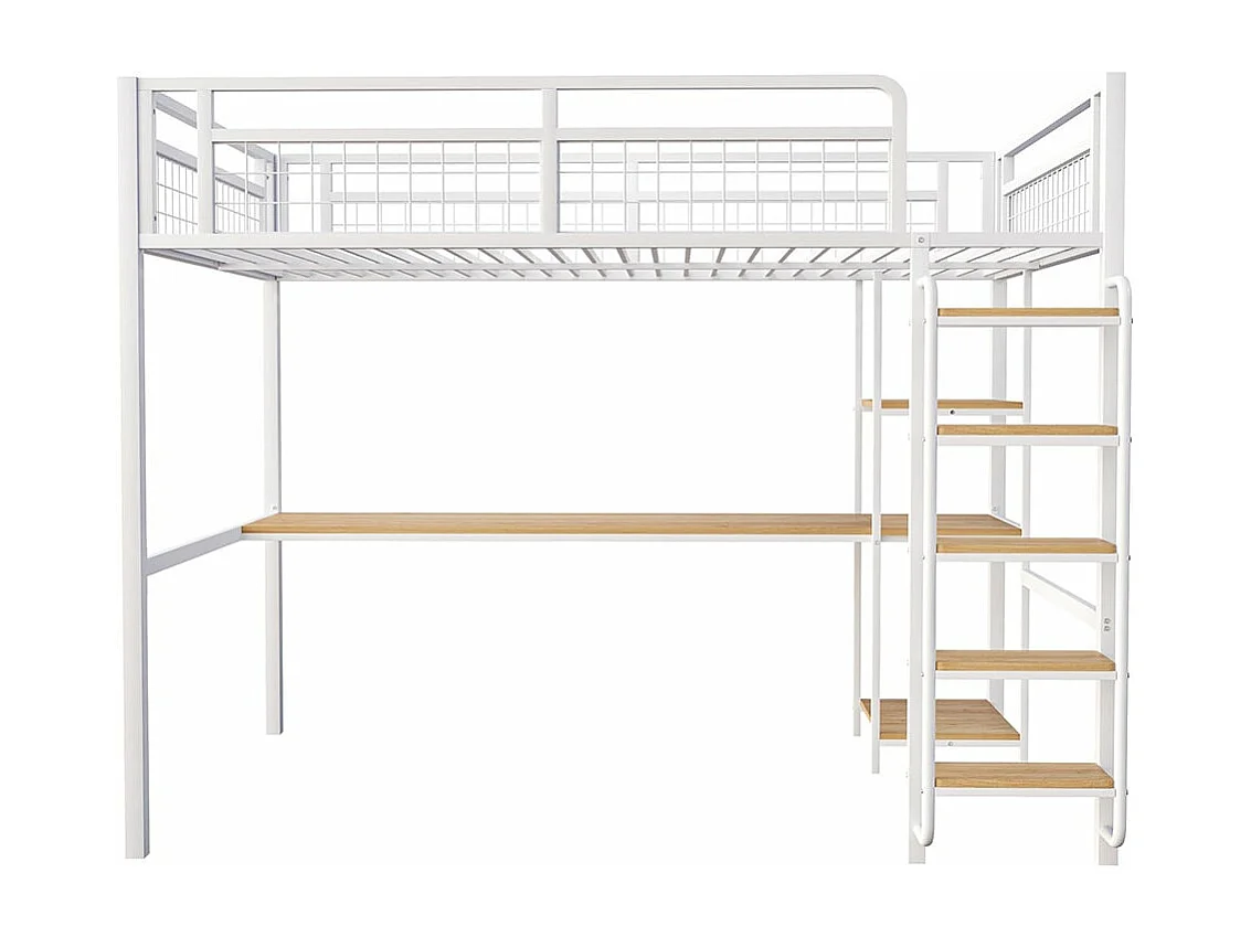 Cama alta metálica 140*200 cm, escada de segurança com degraus, cama de criança com mesa e prateleiras, grade de segurança metálica, branco