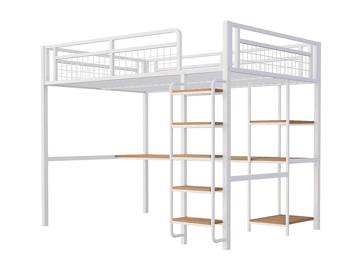 Cama alta metálica 140*200 cm, escada de segurança com degraus, cama de criança com mesa e prateleiras, grade de segurança metálica, branco