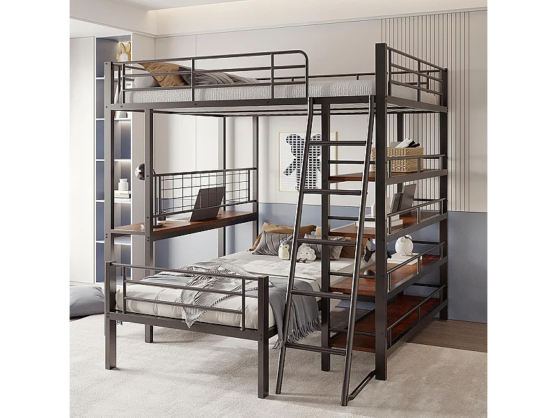 Litera, estructura metálica, cama en altillo, 140*200, cama multifuncional con varios compartimentos de almacenaje, negra