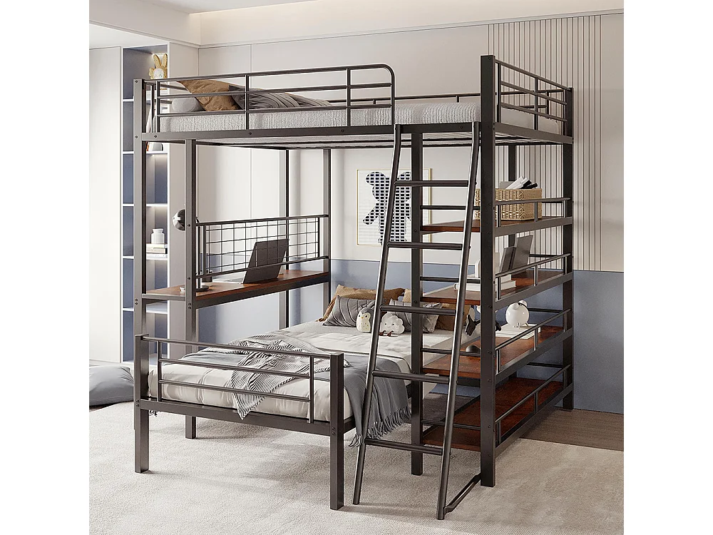 Etagenbett, Metallrahmen, Mezzaninbett, 140*200, Multifunktionsbett mit mehreren Staufächern, schwarz