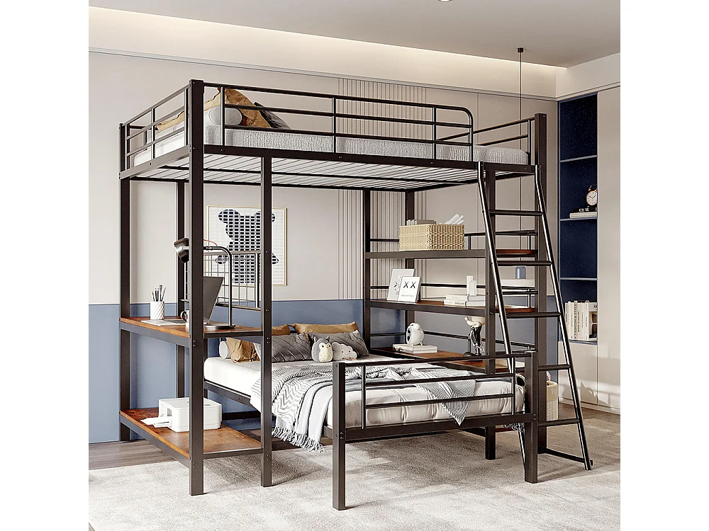 Etagenbett, Metallrahmen, Mezzaninbett, 140*200, Multifunktionsbett mit mehreren Staufächern, schwarz