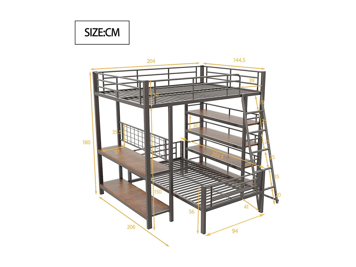Etagenbett, Metallrahmen, Mezzaninbett, 140*200, Multifunktionsbett mit mehreren Staufächern, schwarz