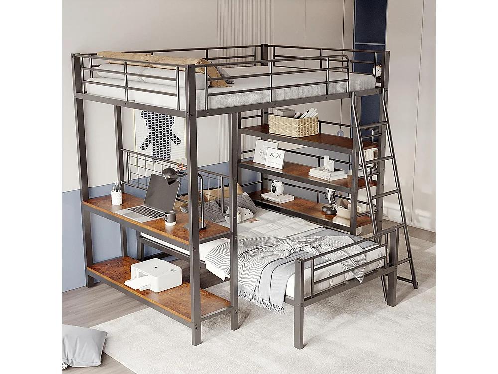 Etagenbett, Metallrahmen, Mezzaninbett, 140*200, Multifunktionsbett mit mehreren Staufächern, schwarz