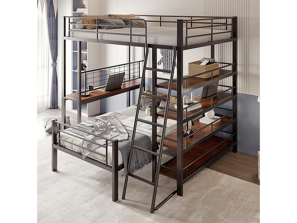 Etagenbett, Metallrahmen, Mezzaninbett, 140*200, Multifunktionsbett mit mehreren Staufächern, schwarz