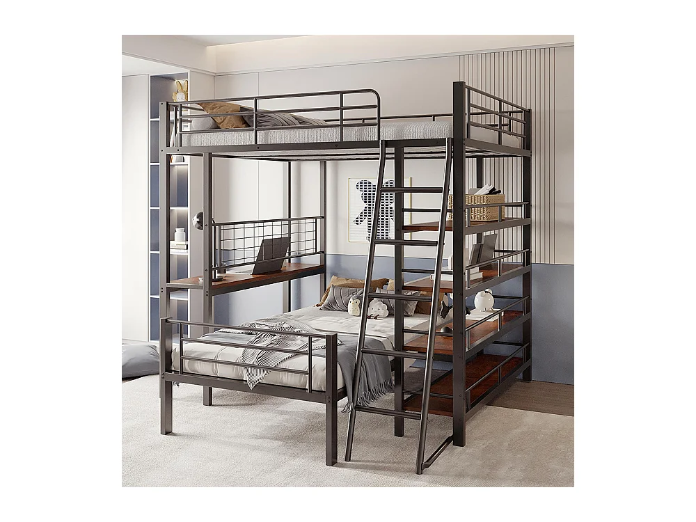 Lit superposé, cadre en métal, lit en mezzanine, 140*200, lit multifonctionnel avec plusieurs compartiments de rangement, noir
