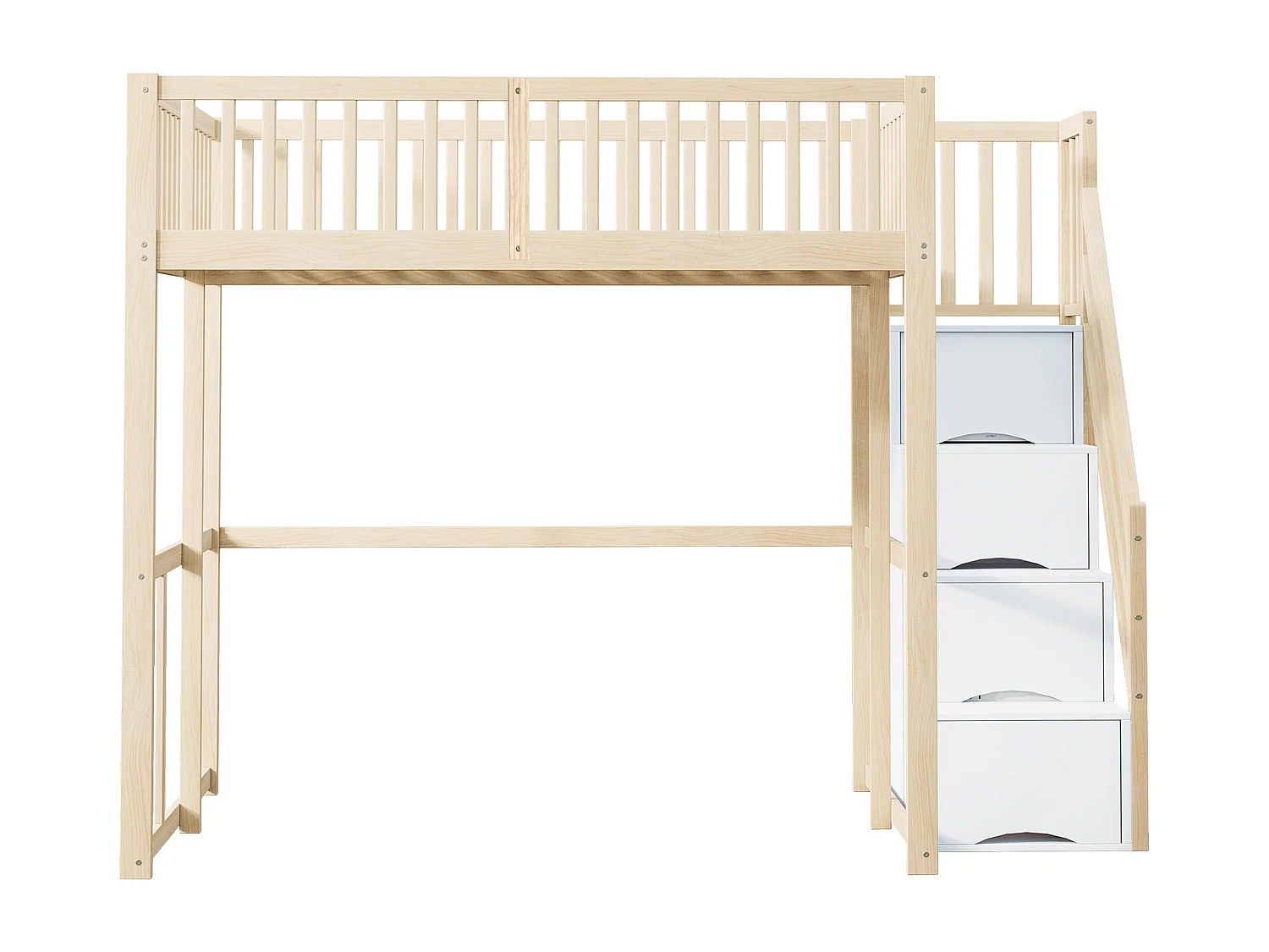 Cama alta 140x200 cm com escada de arrumação e barreira de segurança, estrutura da cama em pinho maciço, cor original