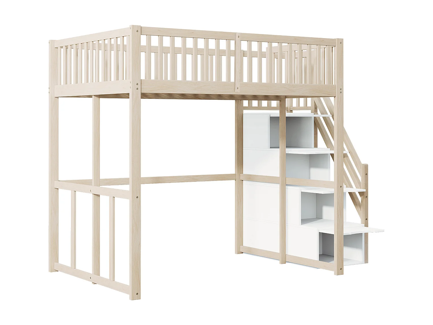 Cama alta 140x200 cm com escada de arrumação e barreira de segurança, estrutura da cama em pinho maciço, cor original