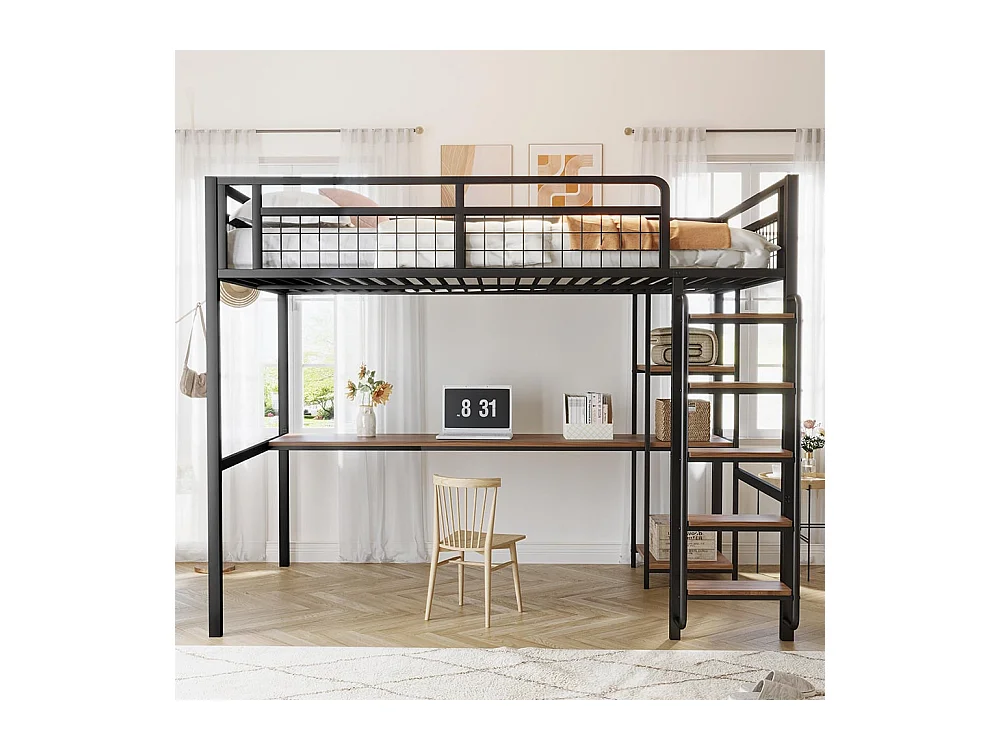 Lit mezzanine en métal 140*200 cm, échelle de sécurité avec escalier, lit pour enfant avec table et étagères, barrière de sécurité en métal, noir