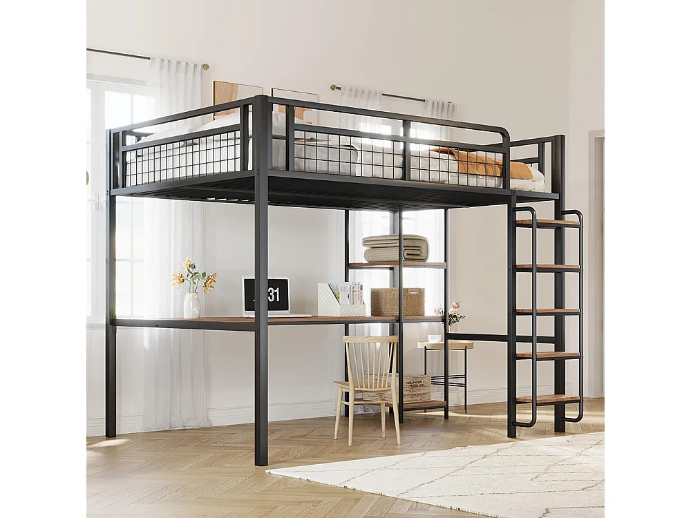 Metalen hoogslaper 140*200 cm, veiligheidsladder met trap, kinderbed met tafel en planken, metalen veiligheidshek, zwart