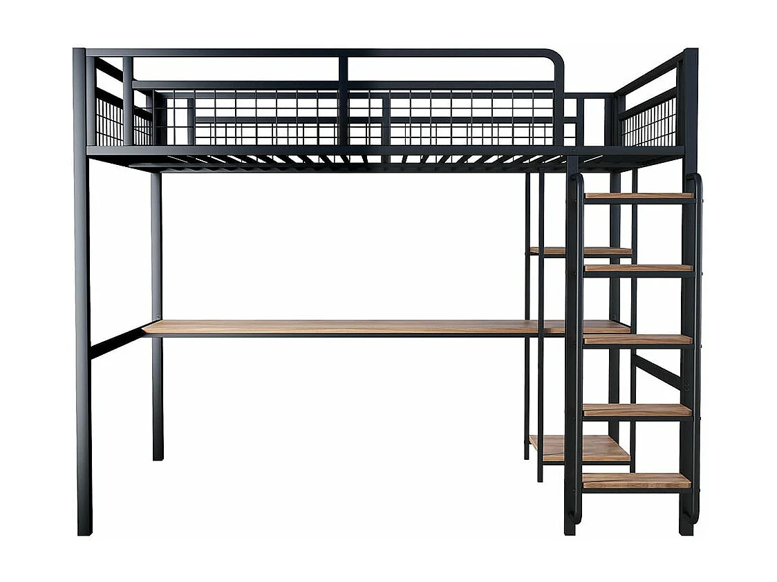Metalen hoogslaper 140*200 cm, veiligheidsladder met trap, kinderbed met tafel en planken, metalen veiligheidshek, zwart