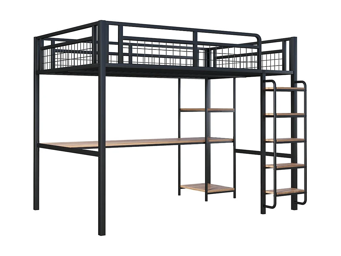 Metalen hoogslaper 140*200 cm, veiligheidsladder met trap, kinderbed met tafel en planken, metalen veiligheidshek, zwart