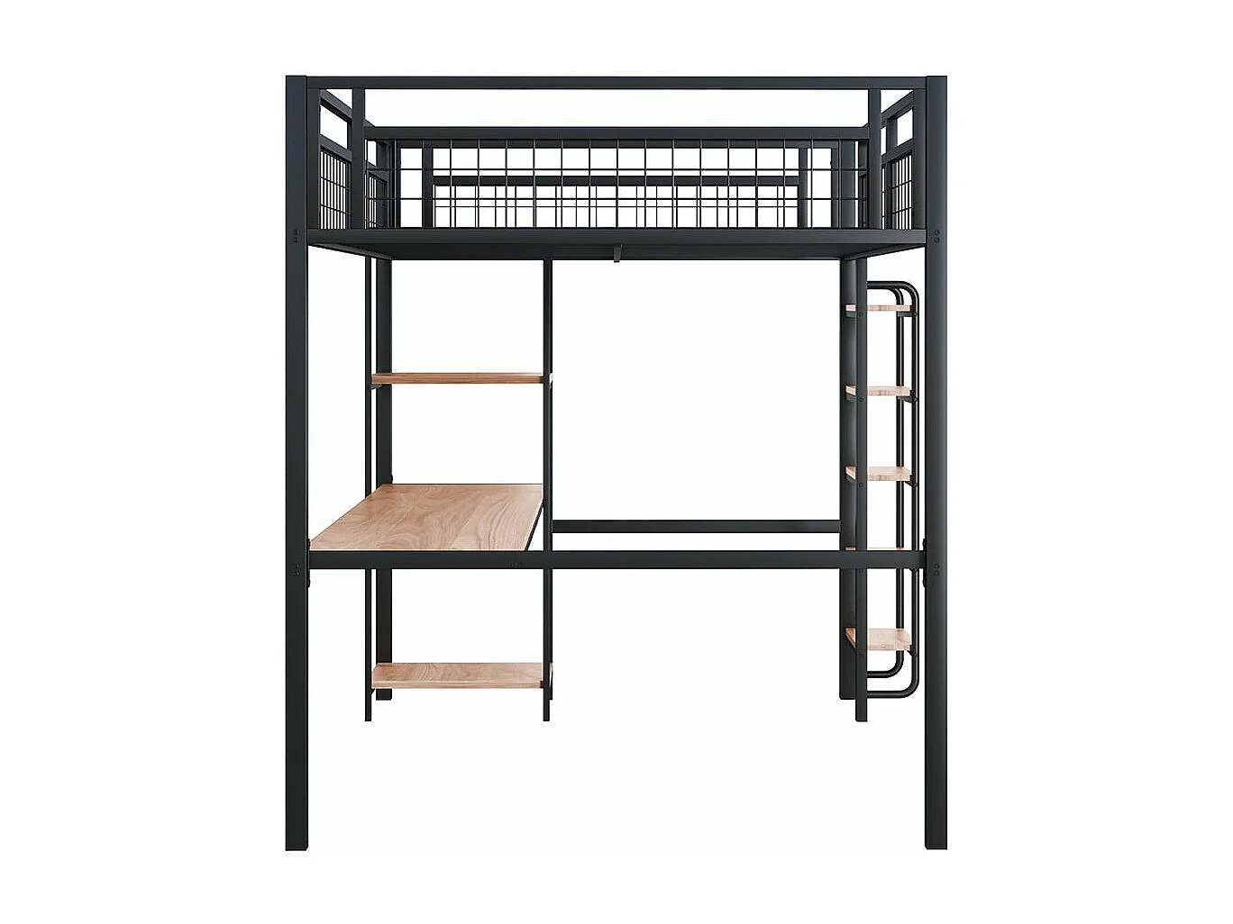Metalen hoogslaper 140*200 cm, veiligheidsladder met trap, kinderbed met tafel en planken, metalen veiligheidshek, zwart