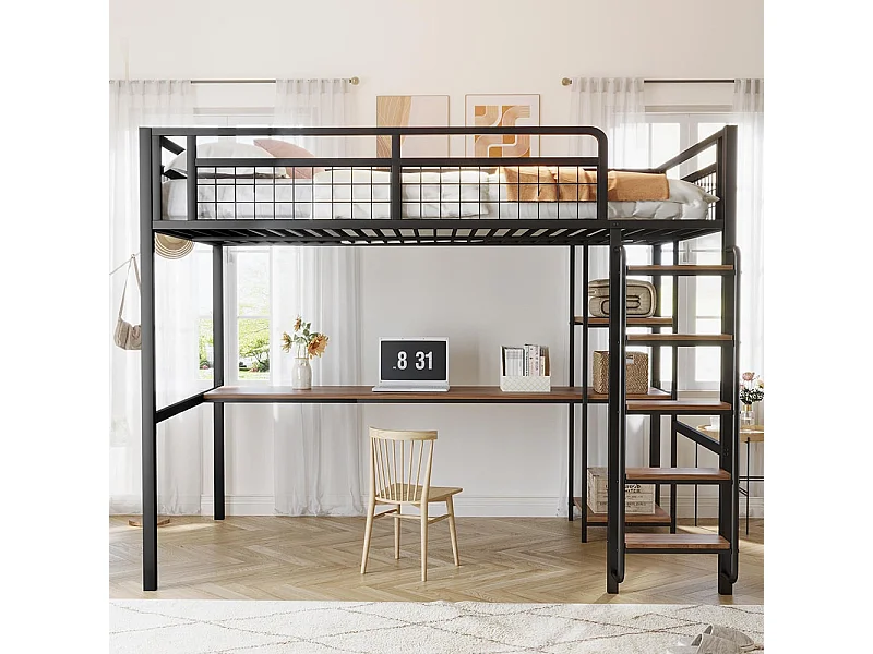 Cama alta metálica 140*200 cm, escada de segurança com degraus, cama para crianças com mesa e prateleiras, porta de segurança metálica, preto