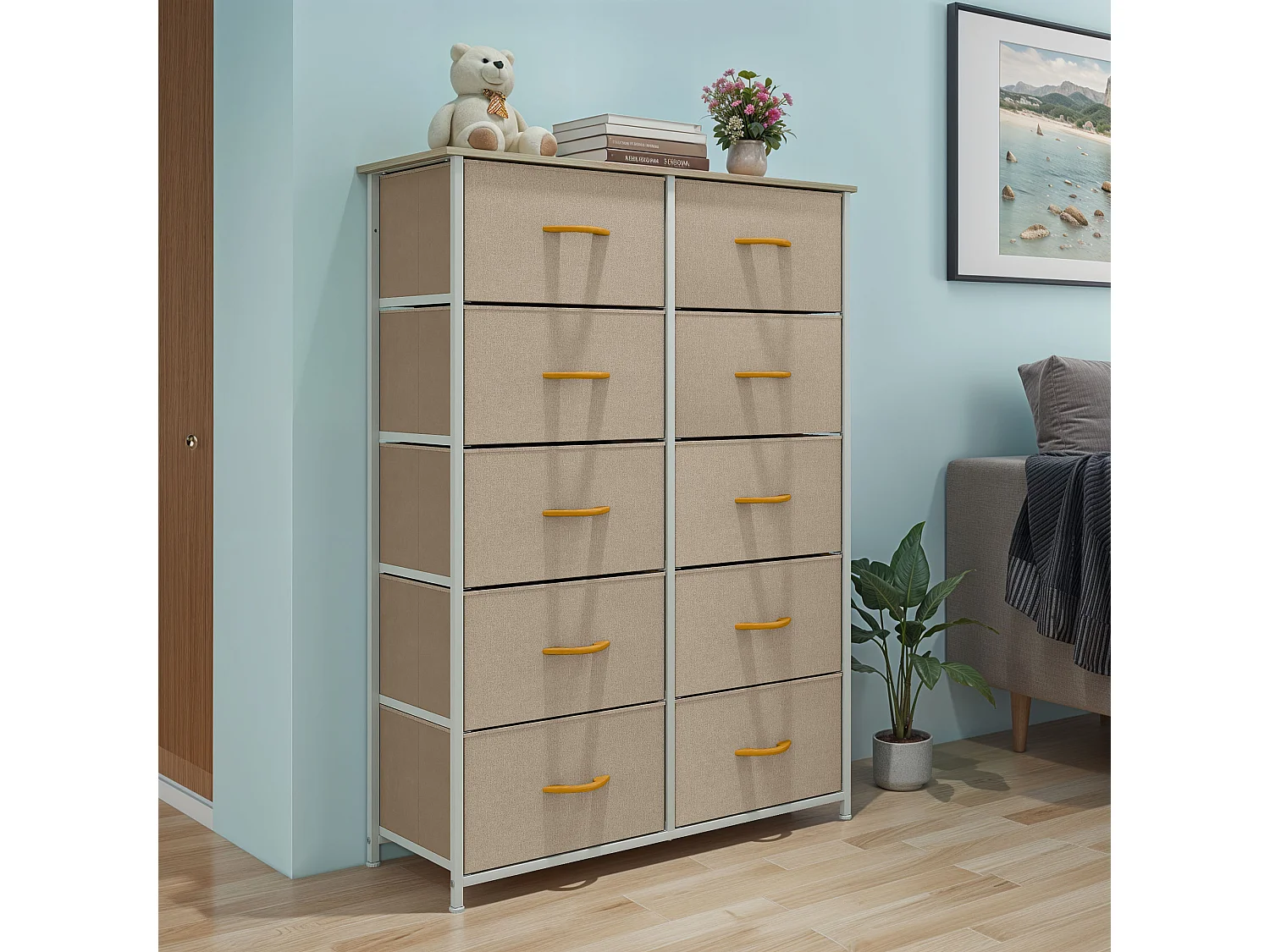 YITAHOME Commode - 10 Tiroirs en Tissu - Meuble de Rangement - Cadre Acier Robuste - pour Chambre à Coucher - Kaki