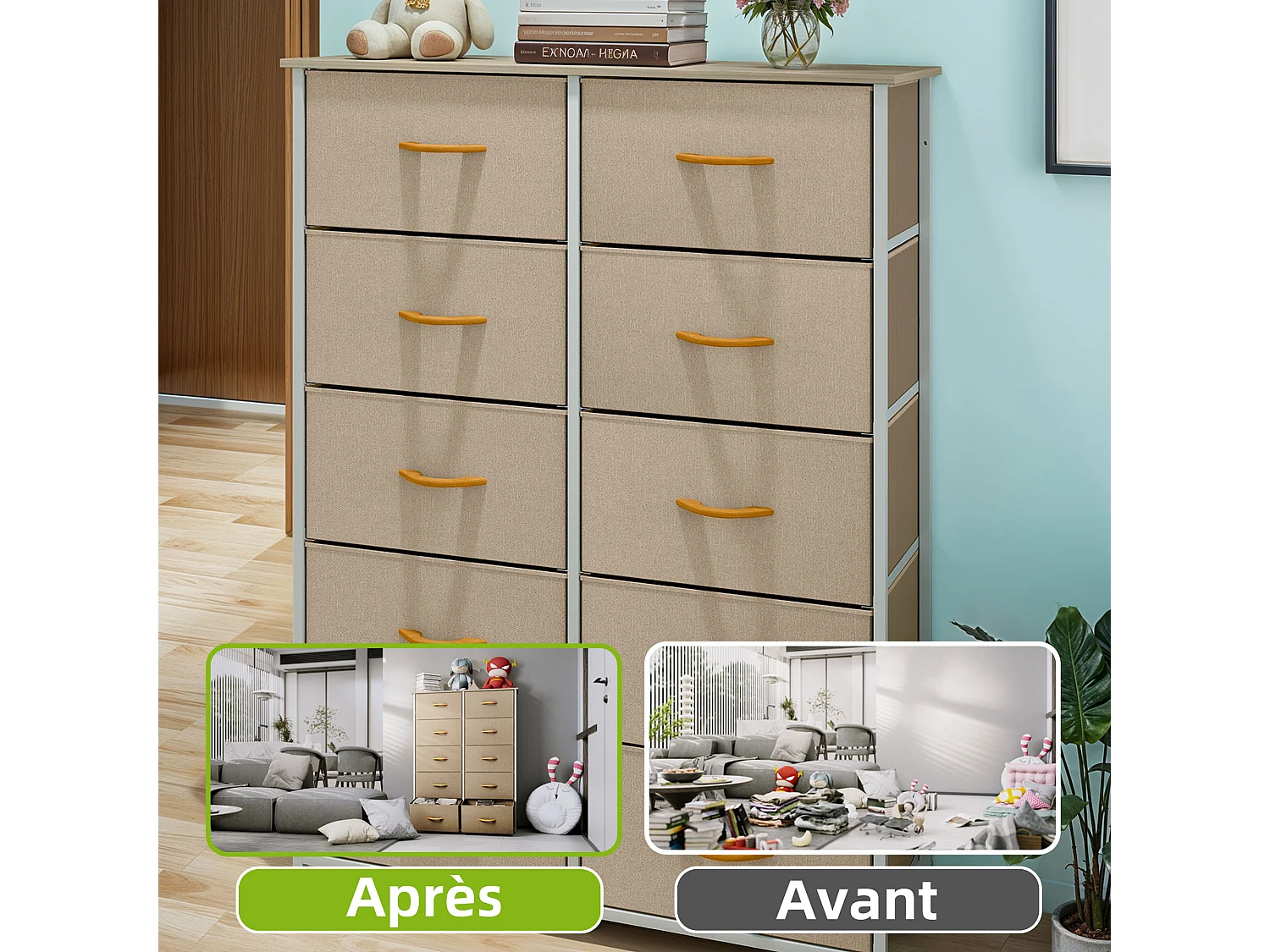 YITAHOME Commode - 10 Tiroirs en Tissu - Meuble de Rangement - Cadre Acier Robuste - pour Chambre à Coucher - Kaki