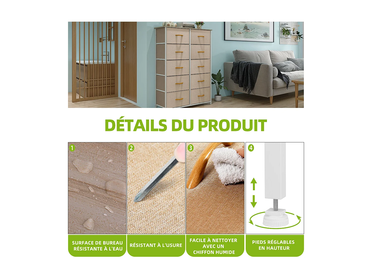 YITAHOME Commode - 10 Tiroirs en Tissu - Meuble de Rangement - Cadre Acier Robuste - pour Chambre à Coucher - Kaki
