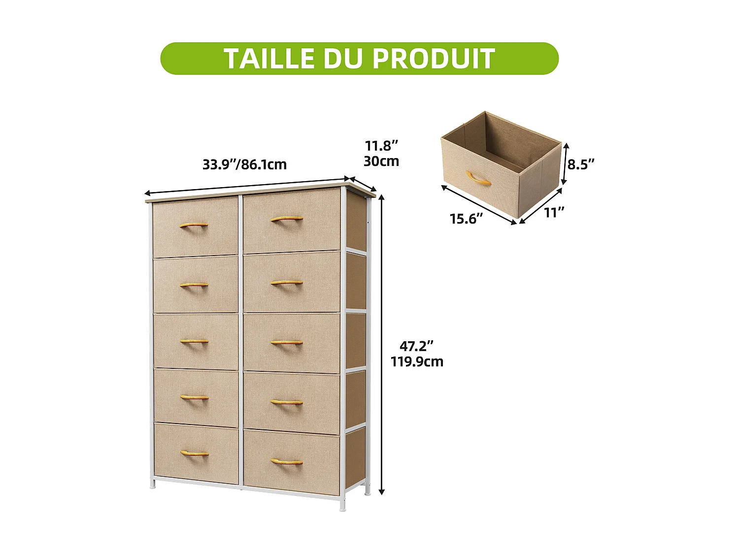 YITAHOME Commode - 10 Tiroirs en Tissu - Meuble de Rangement - Cadre Acier Robuste - pour Chambre à Coucher - Kaki