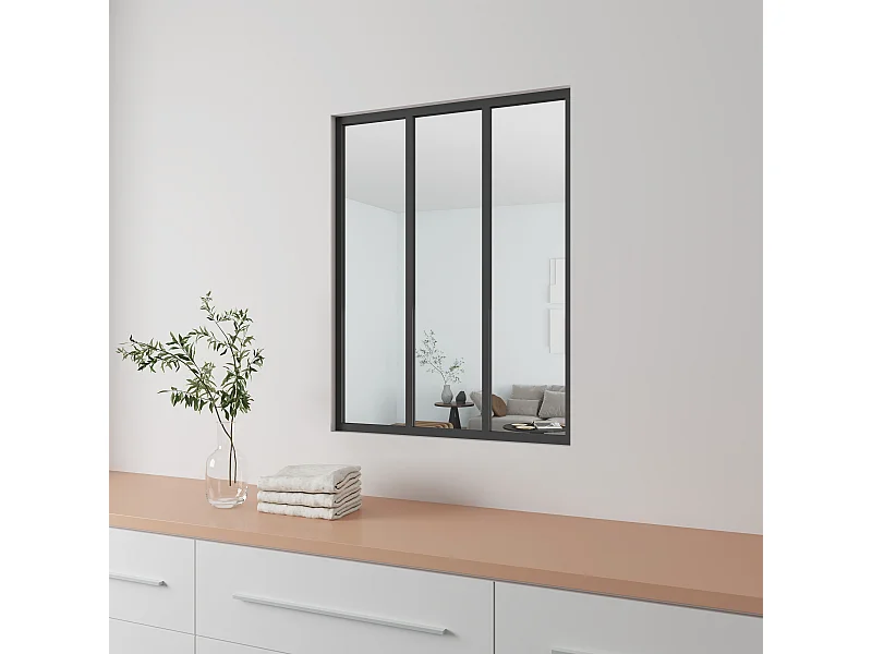 AICA Verrière Atelier en aluminium noir mat 93x108cm,Vitrage trempé 4mm,3 carreaux Verrière fixe,kit de verrière et vitrage
