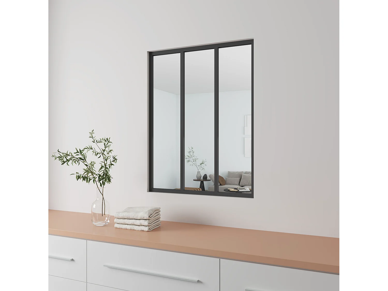 AICA Verrière Atelier en aluminium noir mat 93x108cm,Vitrage trempé 4mm,3 carreaux Verrière fixe,kit de verrière et vitrage