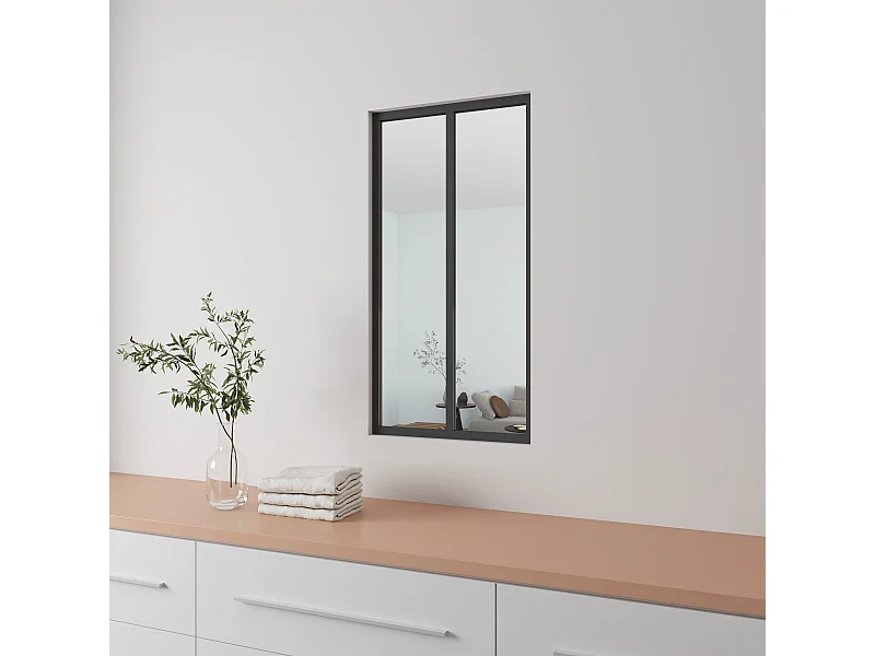 AICA Verrière Atelier en aluminium noir mat 63x108cm,Vitrage trempé 4mm,2 carreaux Verrière fixe,kit de verrière et vitrage