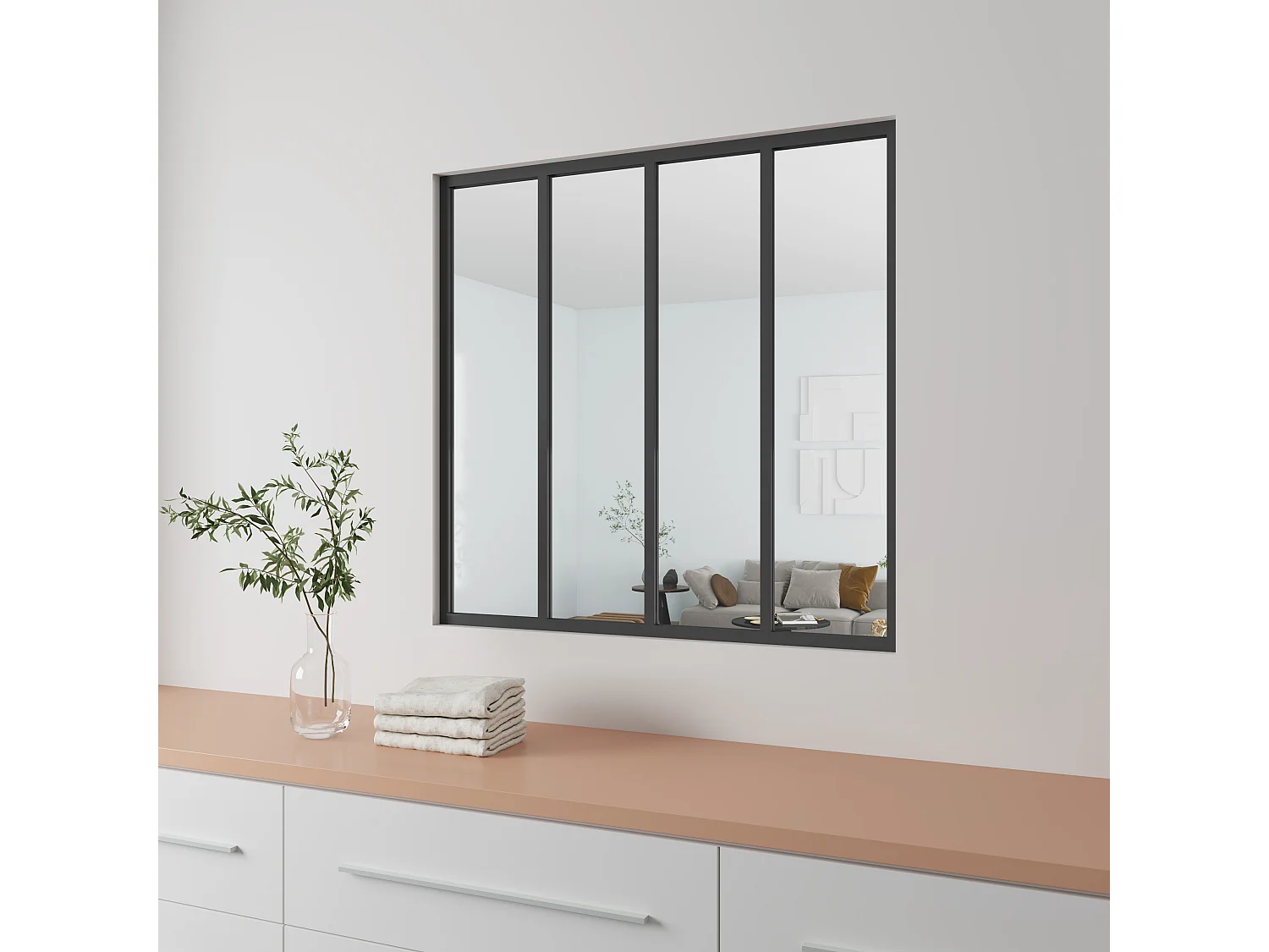 AICA Atelier-scheidingswand van matzwart aluminium 123x108cm, Gehard glas 4mm, 4 ruiten, Vaste scheidingswand, Set met scheidingswand en beglazing