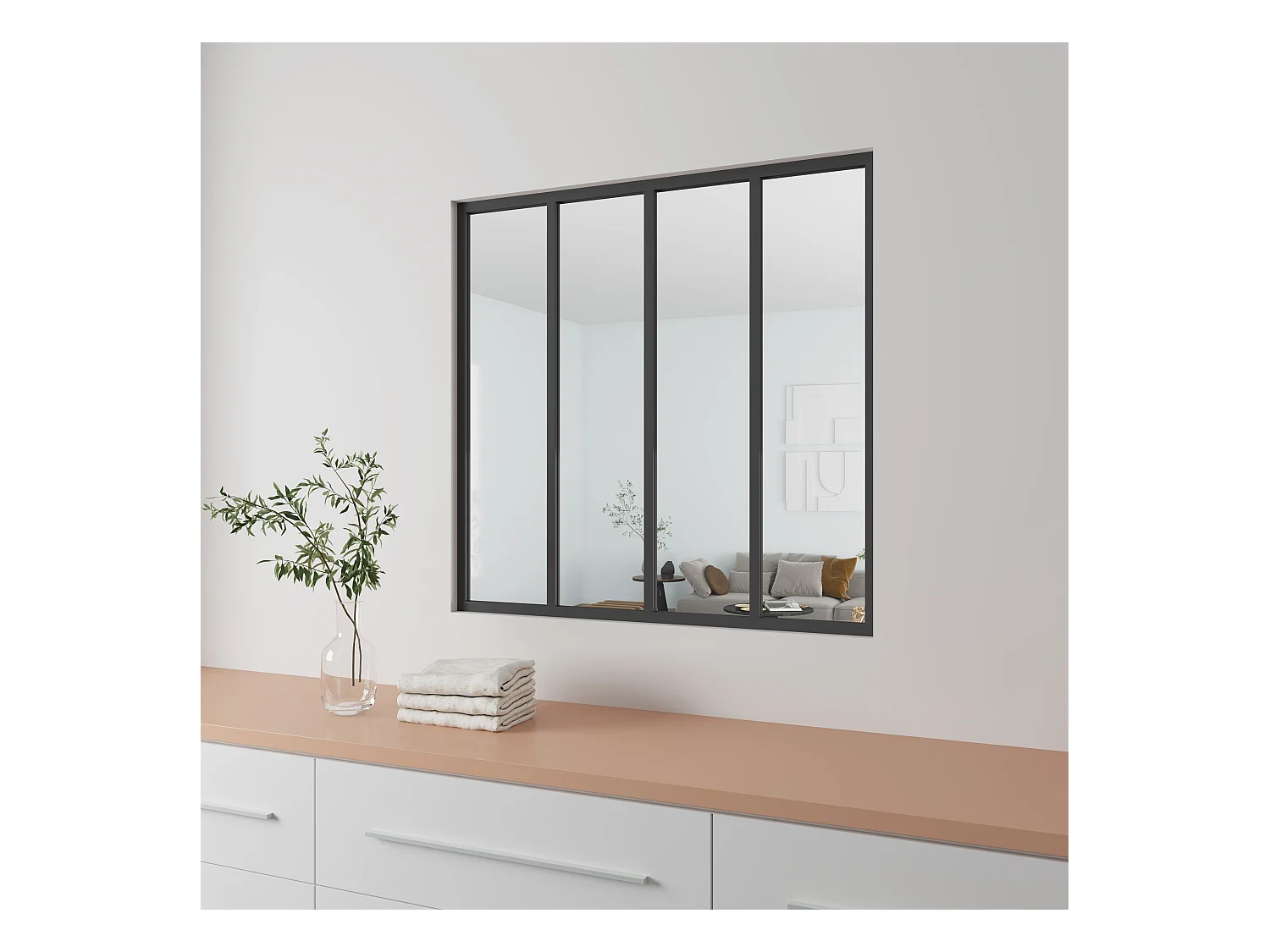 AICA Verrière Atelier en aluminium noir mat 123x108cm,Vitrage trempé 4mm,4 carreaux Verrière fixe,kit de verrière et vitrage