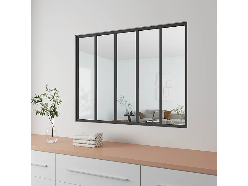 AICA Verrière Atelier en aluminium noir mat 153x108cm,Vitrage trempé 4mm,5 carreaux Verrière fixe,kit de verrière et vitrage