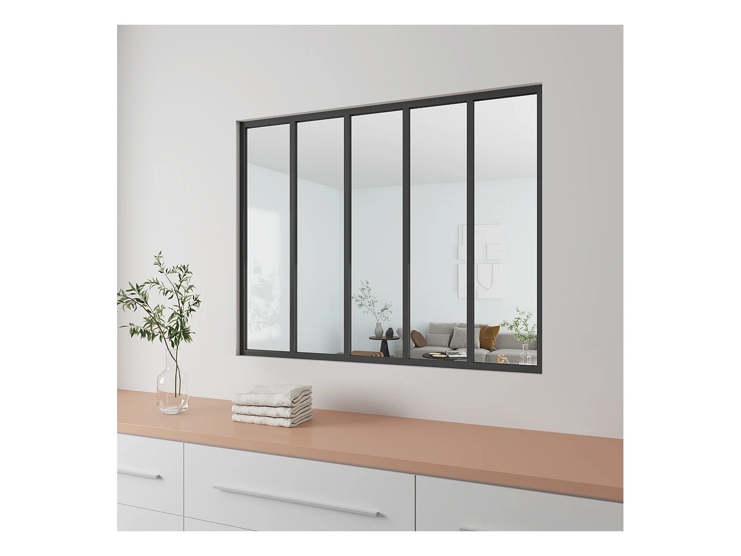 AICA Verrière Atelier en aluminium noir mat 153x108cm,Vitrage trempé 4mm,5 carreaux Verrière fixe,kit de verrière et vitrage