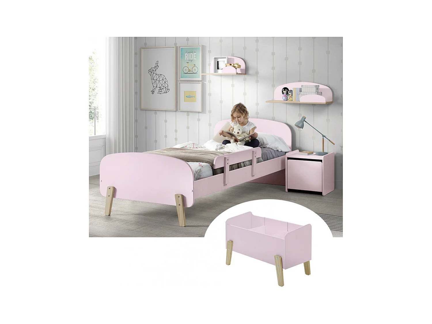BODHI PINK - Lit 90x200cm avec Barrière + Chevet + Coffre + Etagères