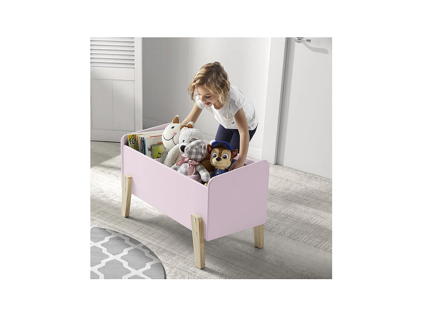 BODHI PINK - Lit 90x200cm avec Barrière + Chevet + Coffre + Etagères