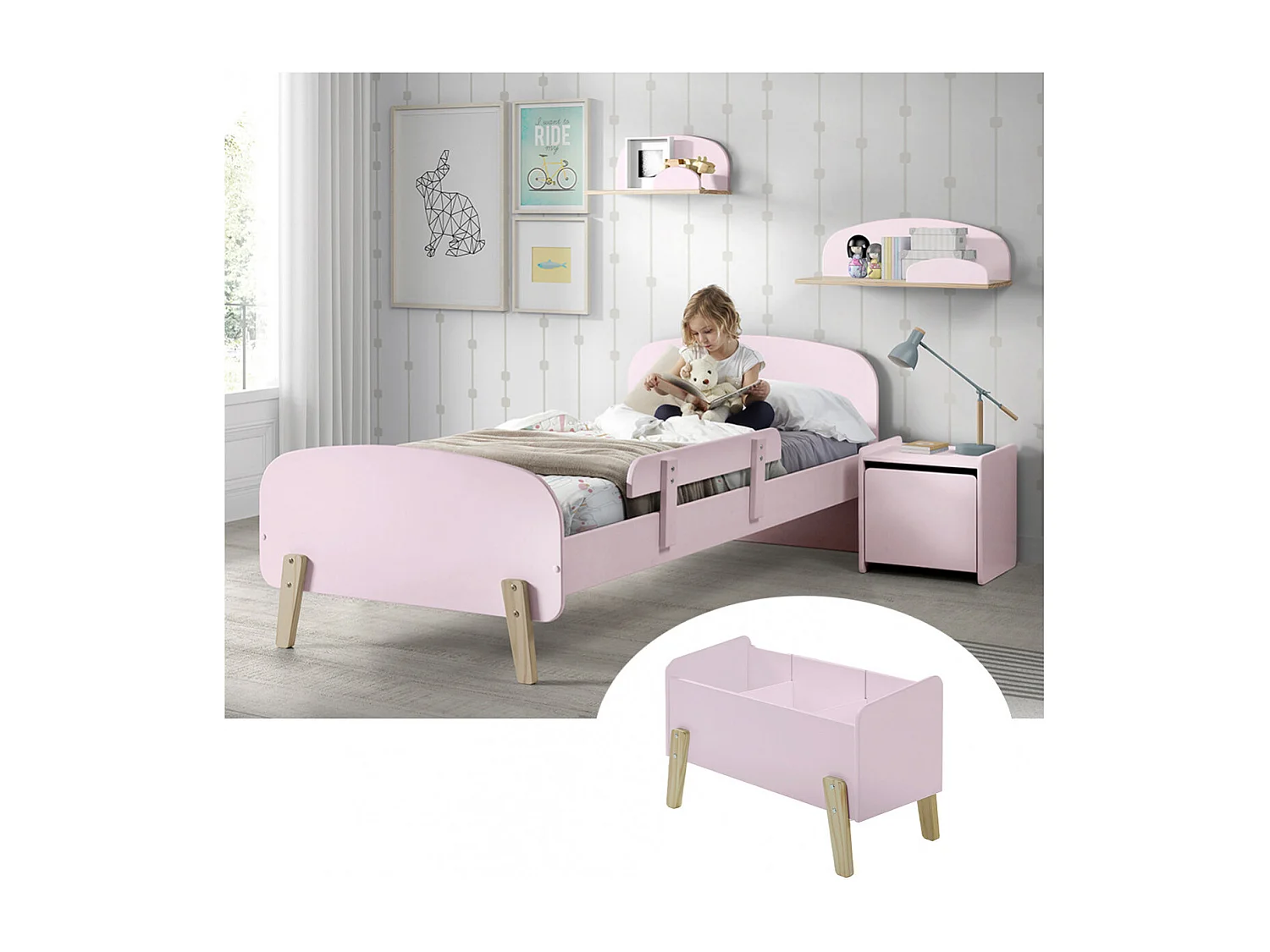 BODHI PINK - Lit 90x200cm avec Barrière + Chevet + Coffre + Etagères