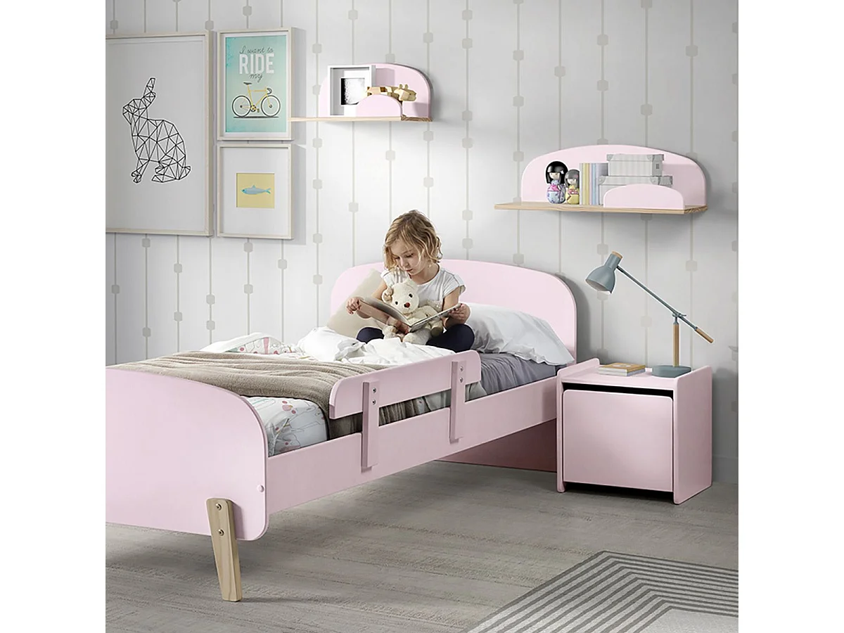 BODHI PINK - Lit 90x200cm avec Barrière + Chevet + Coffre + Etagères