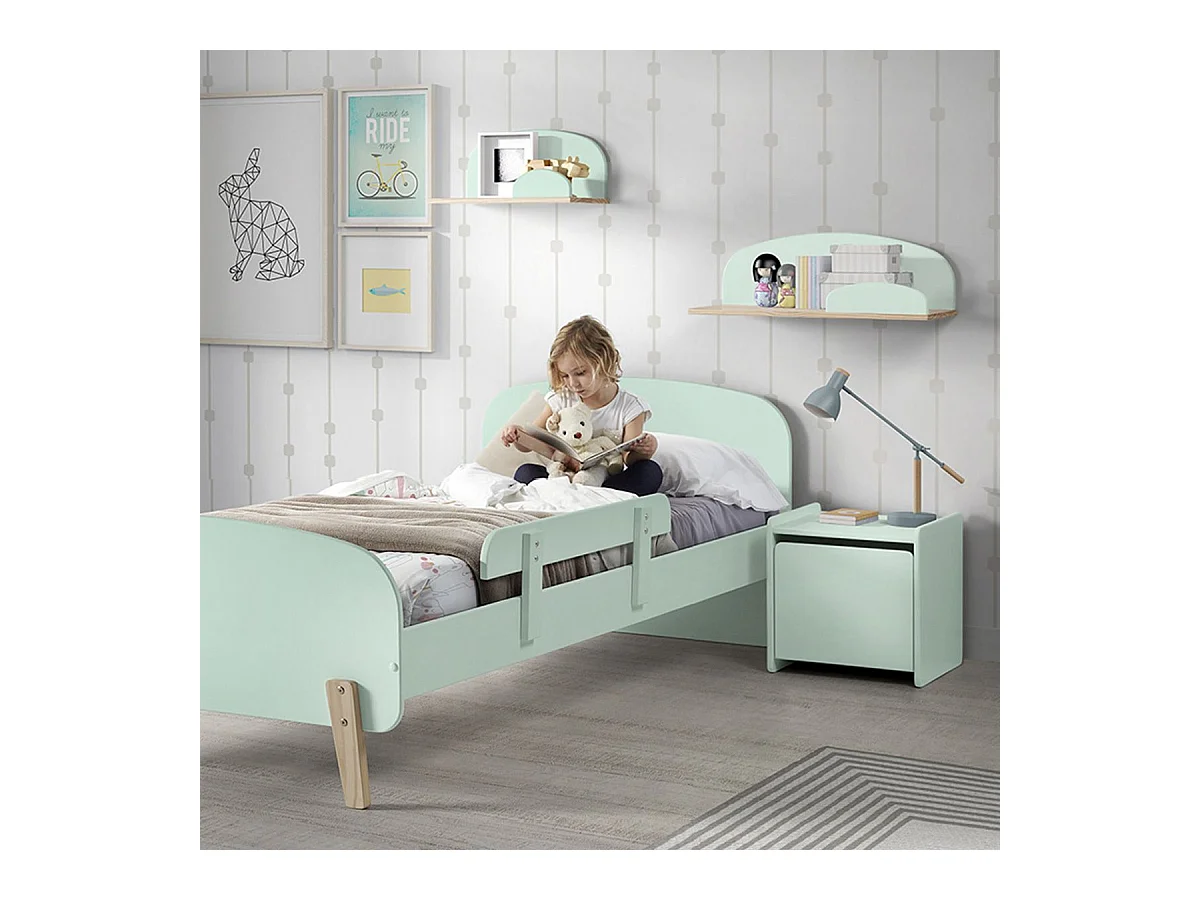 BODHI MINT - Lit 90x200cm avec Barrière + Chevet + Coffre + Etagères