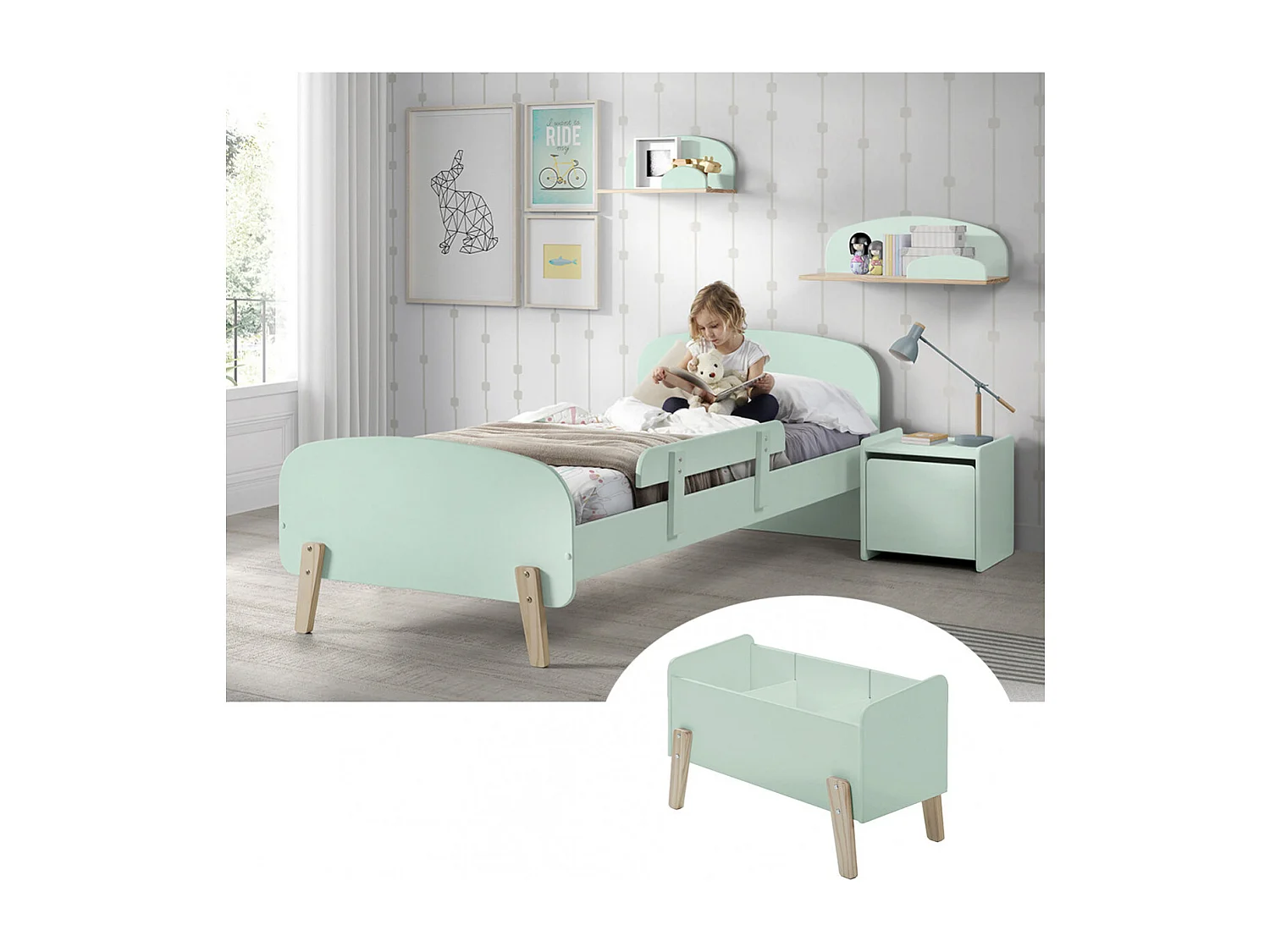 BODHI MINT - Lit 90x200cm avec Barrière + Chevet + Coffre + Etagères