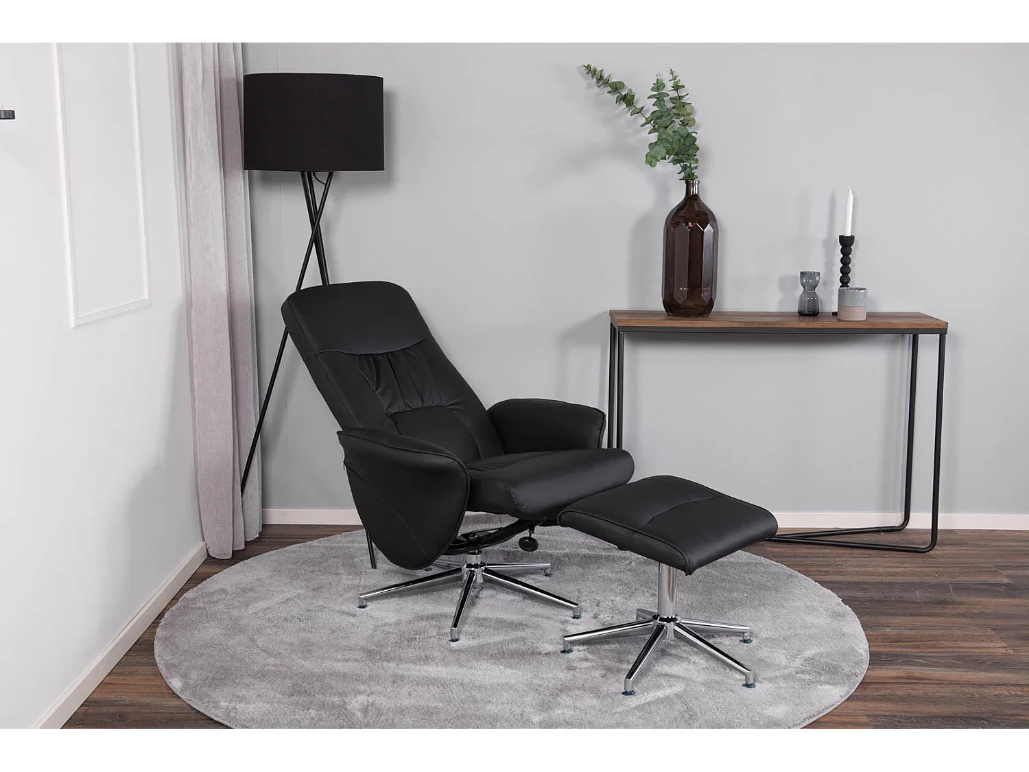 Rolf fauteuil recliner met hocker PU kunstleer zwart.