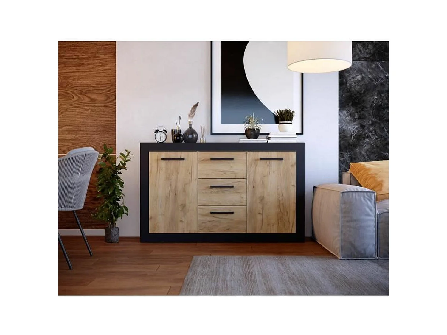 Buffet 2 Portes + 3 Tiroirs - Mélaminé chêne rustique et noir - 147 x 37 x 89 cm