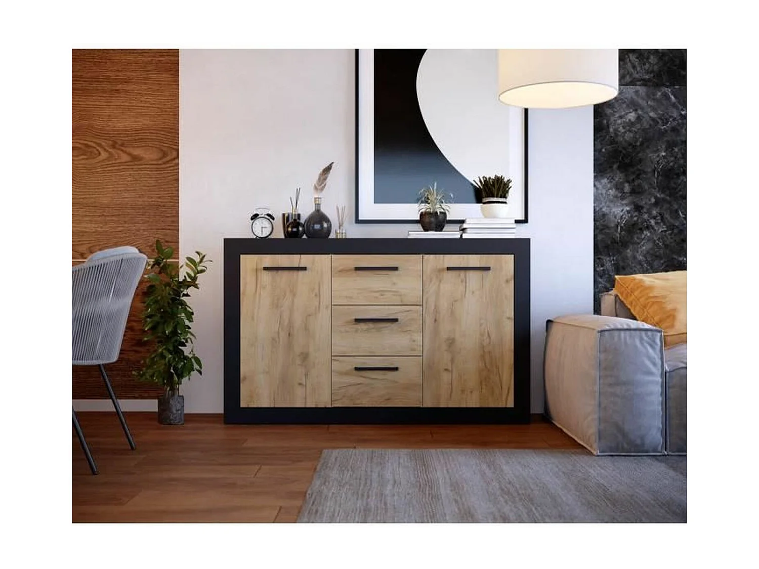 Buffet 2 Portes + 3 Tiroirs - Mélaminé chêne rustique et noir - 147 x 37 x 89 cm