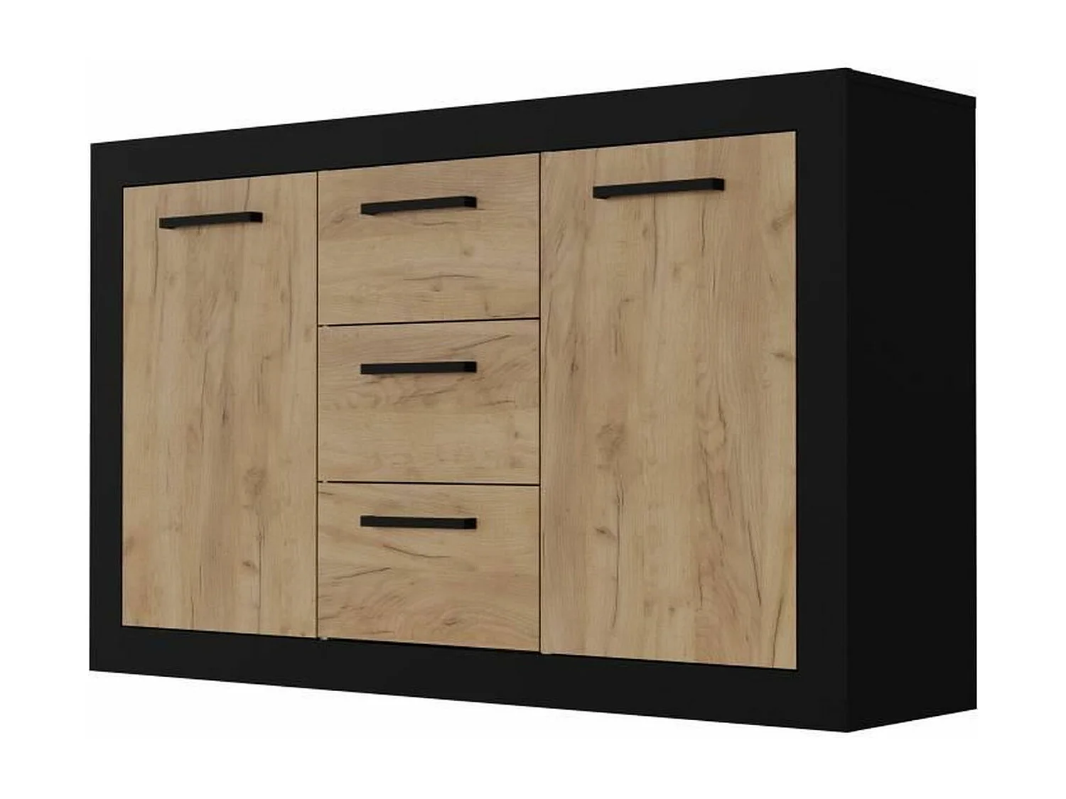 Buffet 2 Portes + 3 Tiroirs - Mélaminé chêne rustique et noir - 147 x 37 x 89 cm