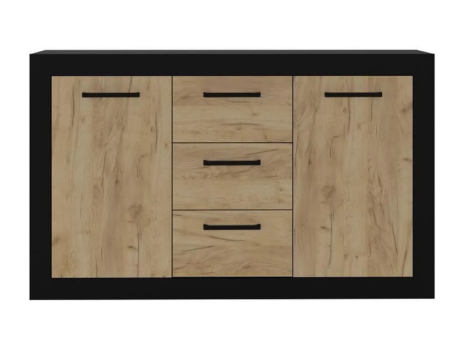 Buffet 2 Portes + 3 Tiroirs - Mélaminé chêne rustique et noir - 147 x 37 x 89 cm
