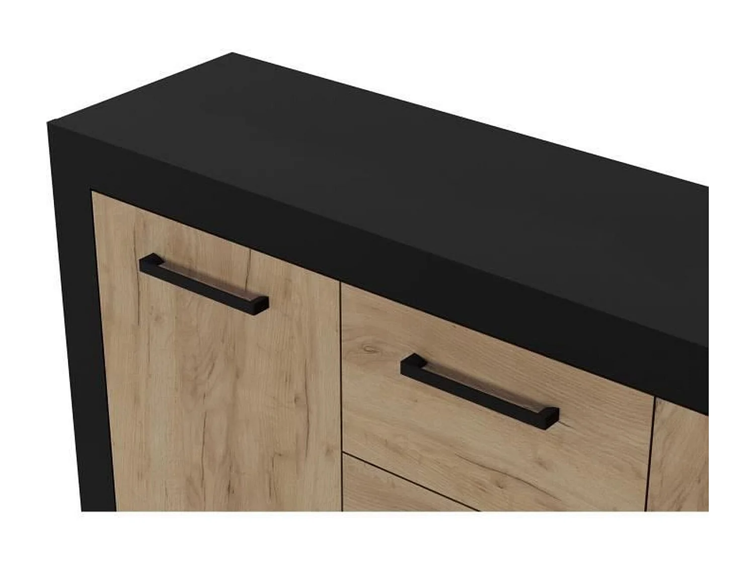 Buffet 2 Portes + 3 Tiroirs - Mélaminé chêne rustique et noir - 147 x 37 x 89 cm