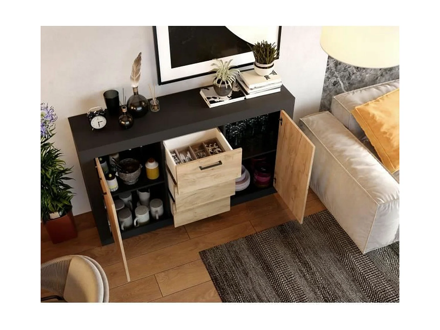 Buffet 2 Portes + 3 Tiroirs - Mélaminé chêne rustique et noir - 147 x 37 x 89 cm