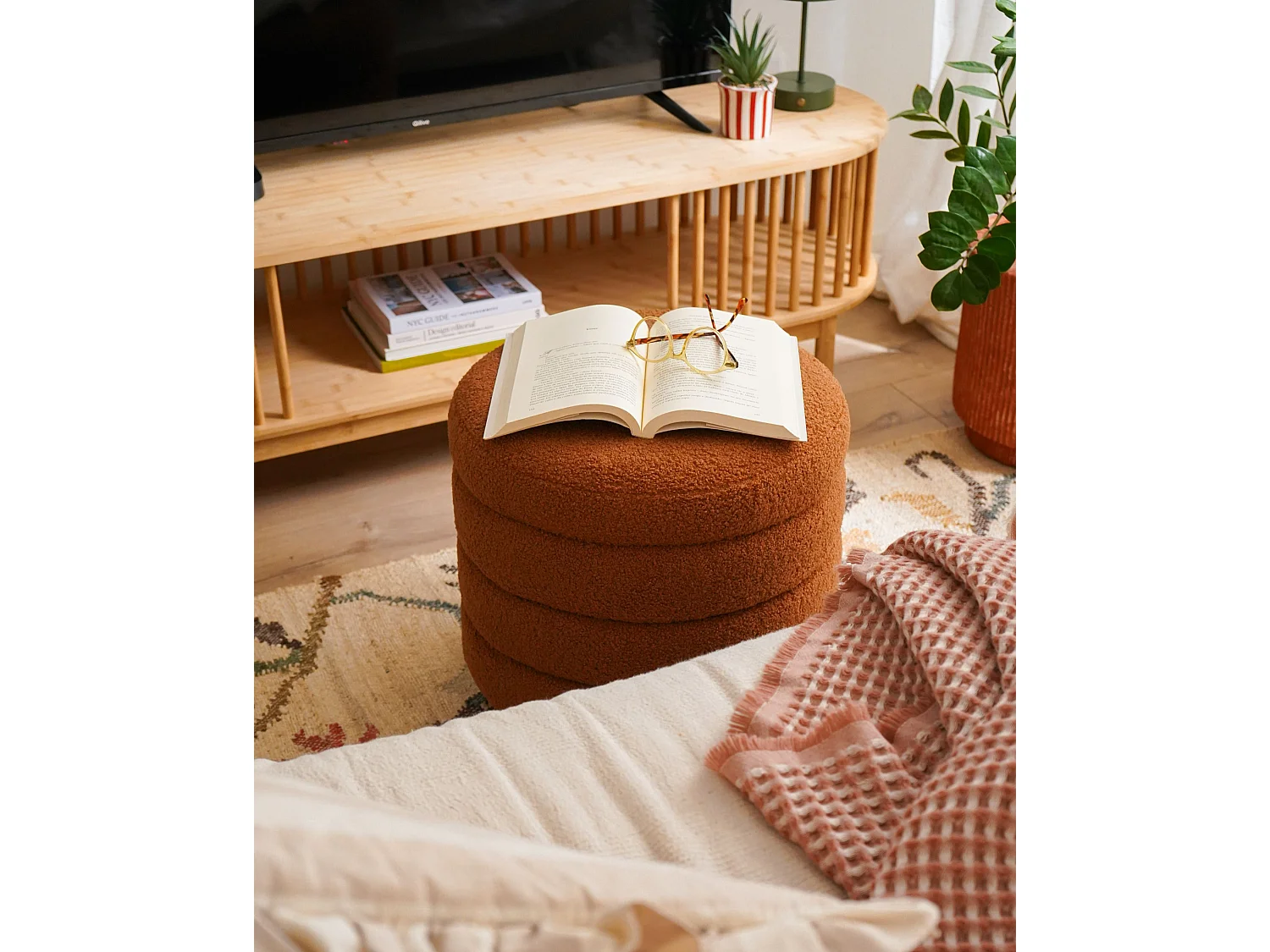 Pouf CHILLY Bouclé Marrone dorato 42 cm 42 cm 41 cm