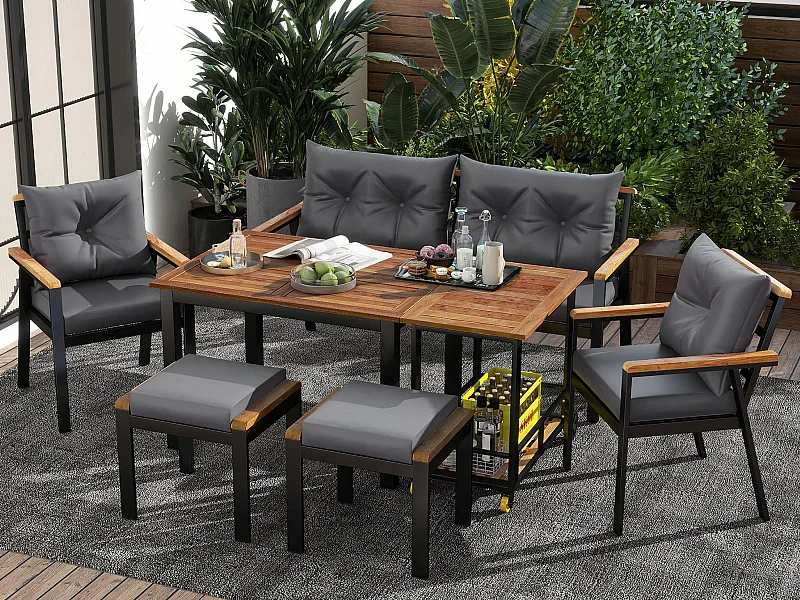 Eetkamerset voor de tuin voor 6 personen - 4 fauteuils - 1 tafel - 2 krukken - verzinkt ijzer - stof die losgemaakt en gewassen kan worden - grijs