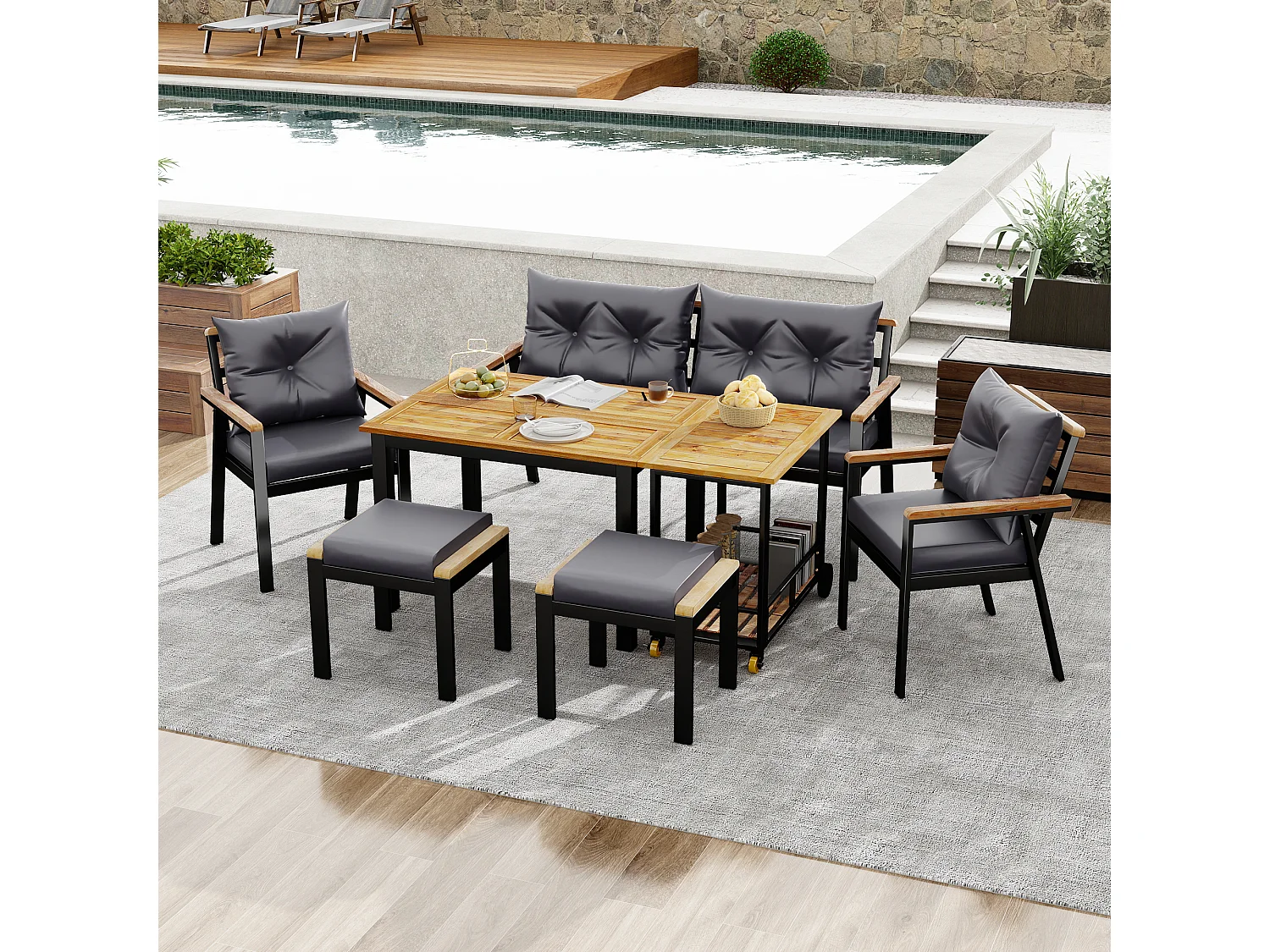 Conjunto de sala de jantar de jardim para 6 pessoas - 4 cadeiras - 1 mesa - 2 bancos - ferro galvanizado - tecido removível e lavável - cinza