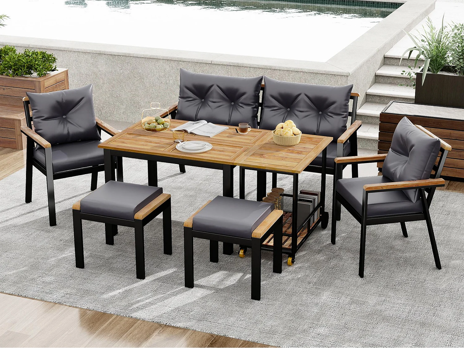 Ensemble de salle à manger de jardin pour 6 personnes - 4 fauteuils - 1 table - 2 tabourets - fer galvanisé - tissu déhoussable et lavable - gris