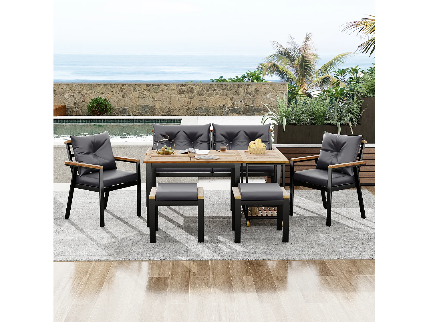 Ensemble de salle à manger de jardin pour 6 personnes - 4 fauteuils - 1 table - 2 tabourets - fer galvanisé - tissu déhoussable et lavable - gris