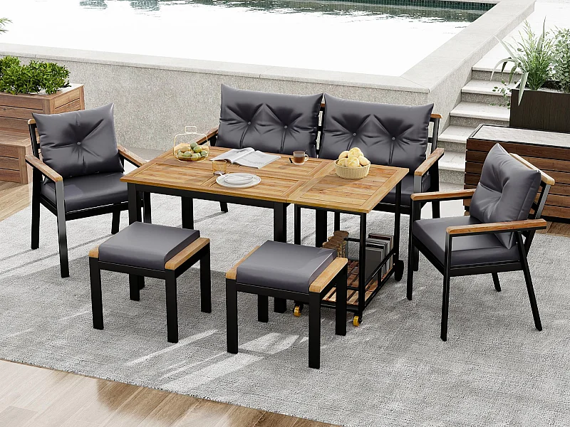 Ensemble de salle à manger de jardin pour 6 personnes - 4 fauteuils - 1 table - 2 tabourets - fer galvanisé - tissu déhoussable et lavable - gris