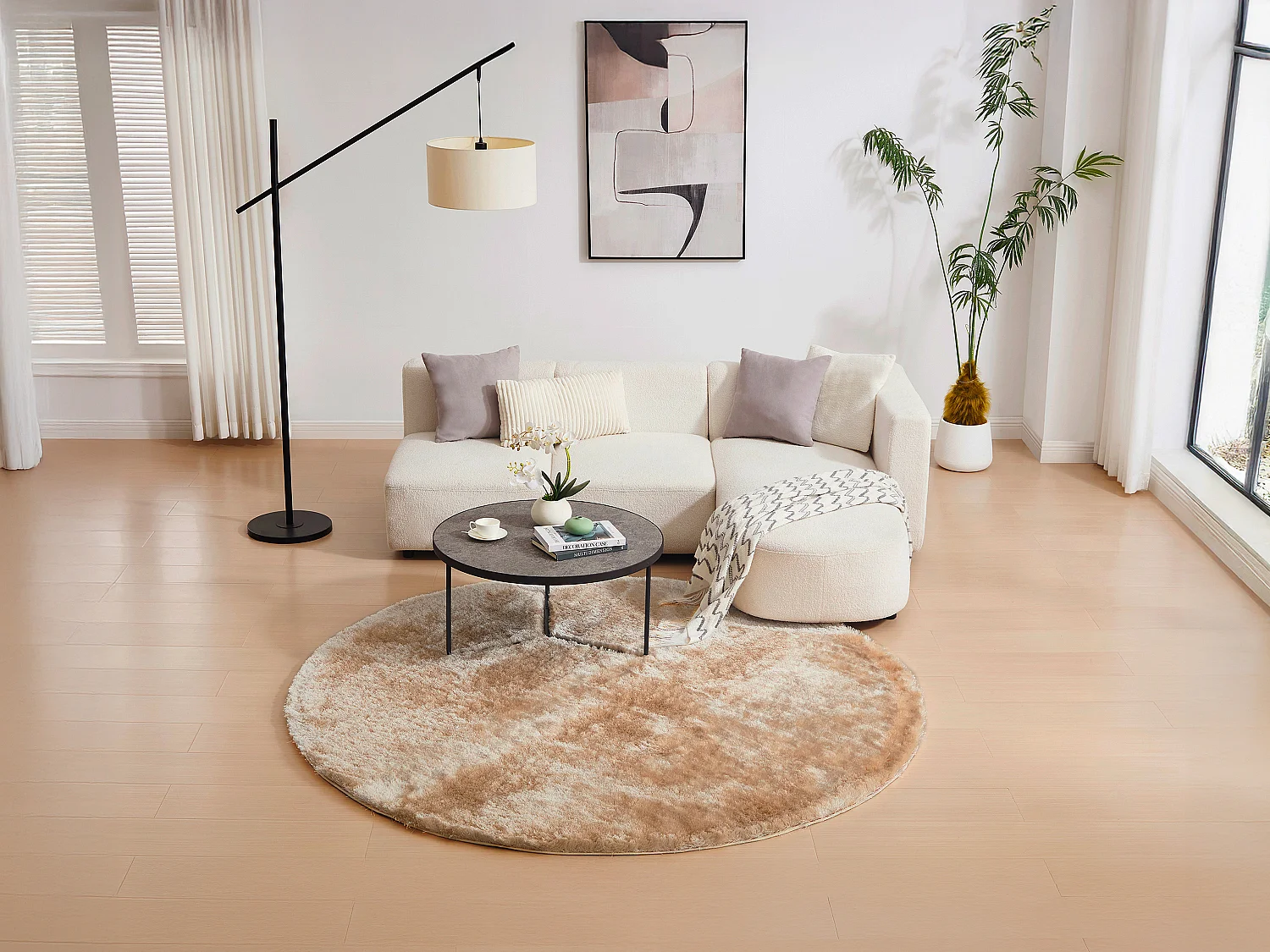 Tapis shaggy rond à poils longs ultra doux - D. 200 cm - Beige foncé - DOLCE